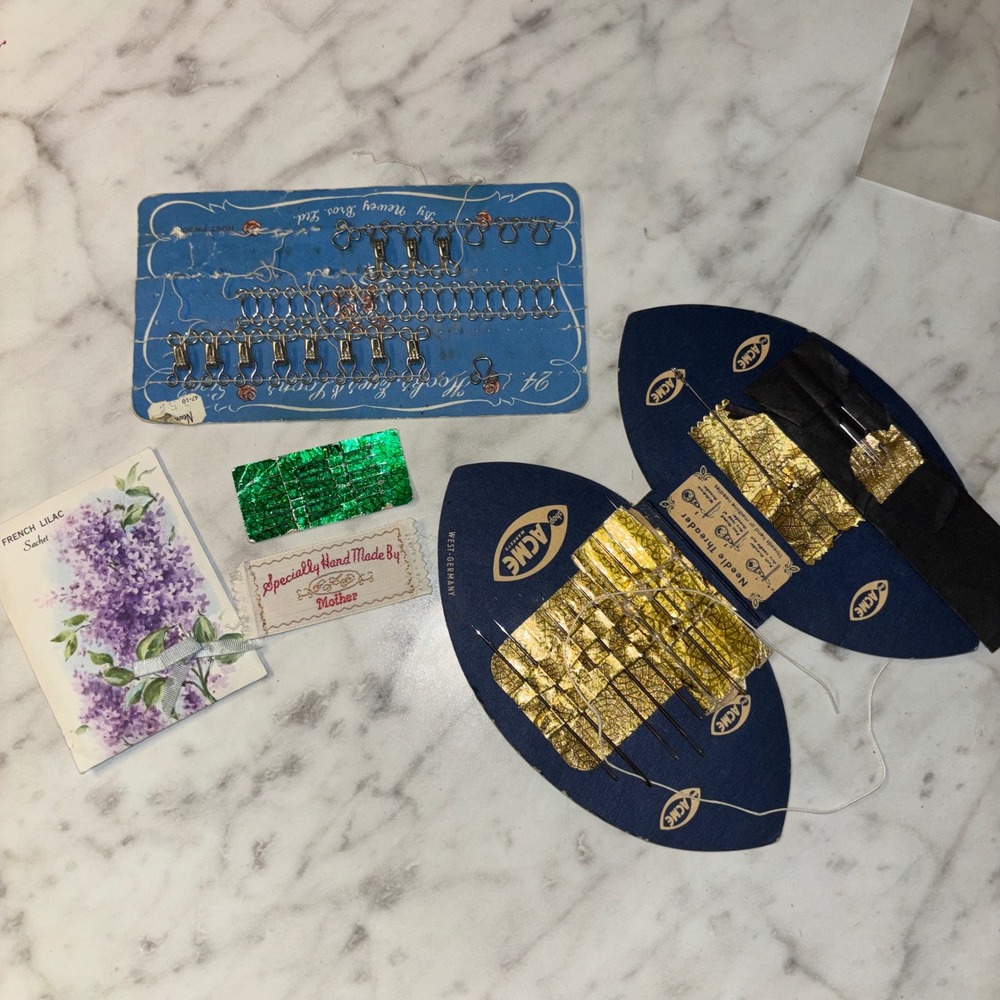Vintage Sewing Notions Lot Acme Needle Book Newey Hooks Eyes Mother Label Sachet